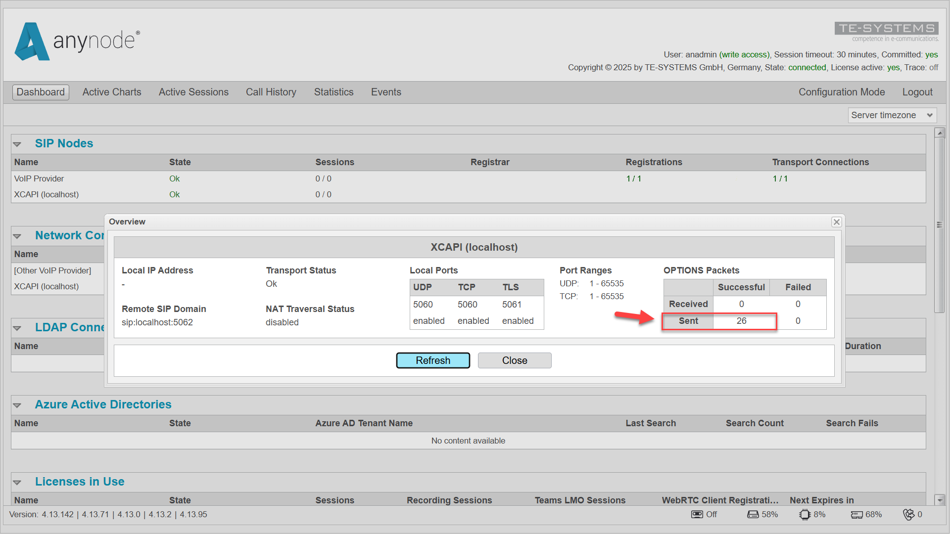Screenshot: anynode dashboard with a quick overview of the operational status of the XCAPI node and provider node.