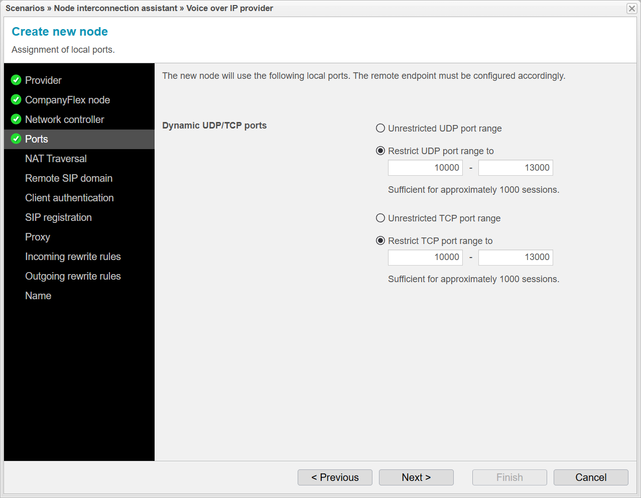 Screenshot: anynode frontend with node interconnection assistant and assignment of local ports.