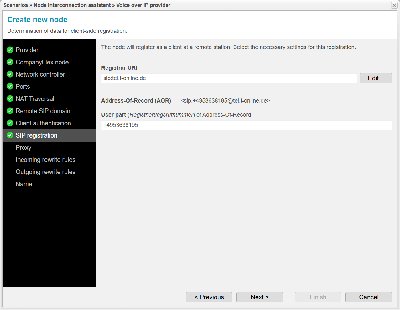 Screenshot: anynode frontend with node interconnection assistant and determination of data for client-side registration.