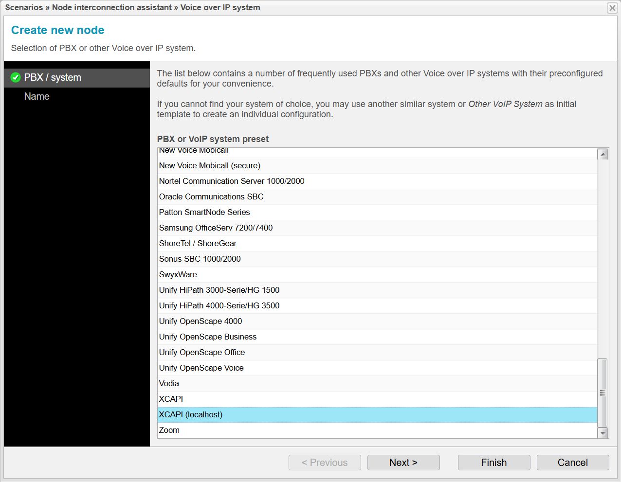 Screenshot: anynode frontend with node interconnection assistant and PBX or VoIP system preset list. 