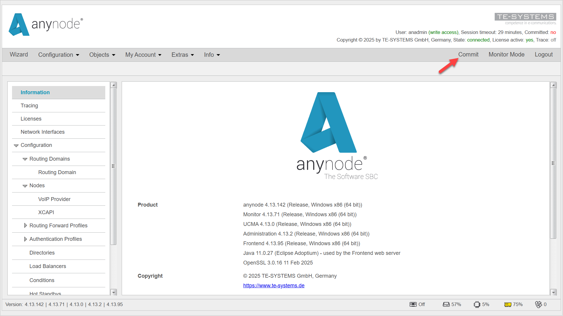Screenshot: anynode main menu with commit function and configured nodes for XCAPI and a voice over IP provider.