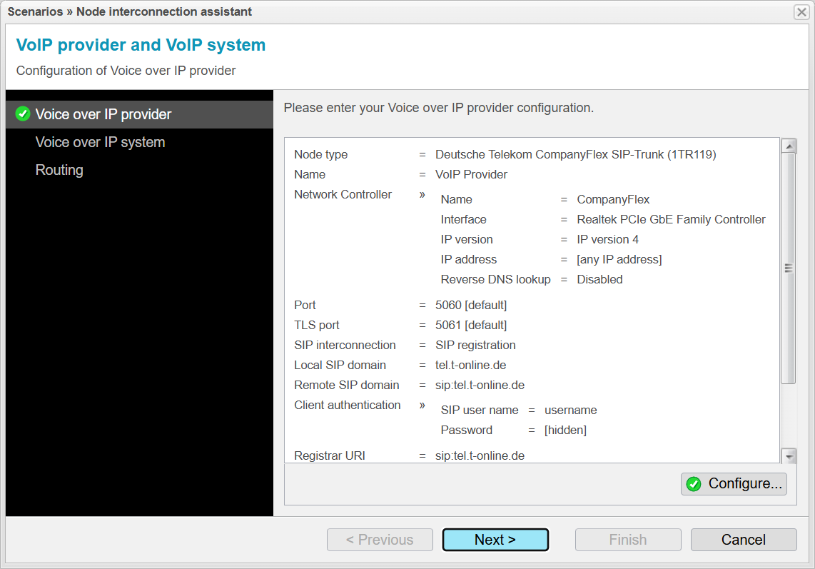 Screenshot: anynode node interconnection assistant with configuration overview for the voice over IP provider node