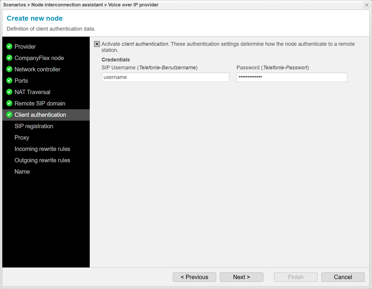 Screenshot: anynode node interconnection assistant with definition of client authentication data