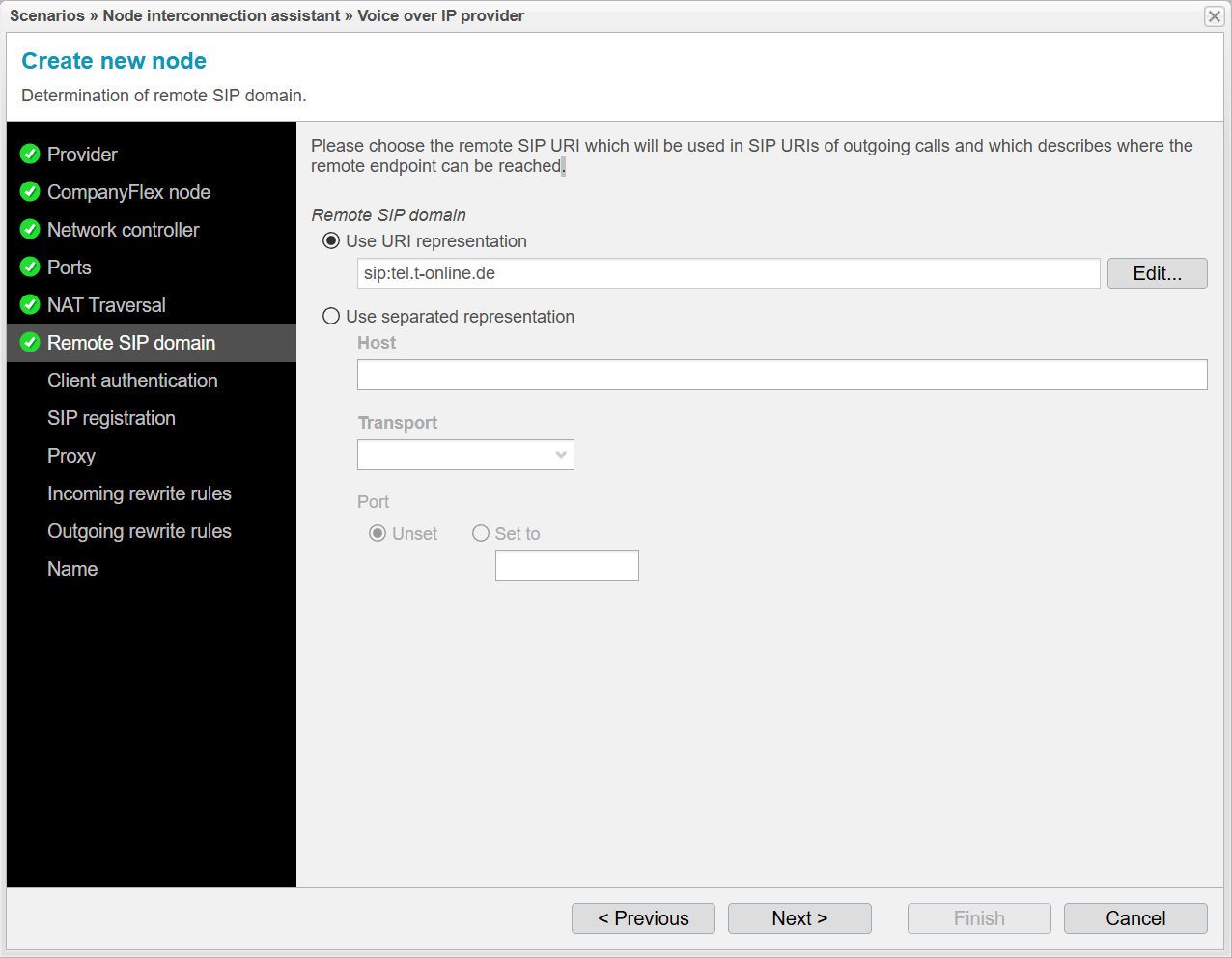 Screenshot: anynode node interconnection assistant with determination of the remote SIP domain.