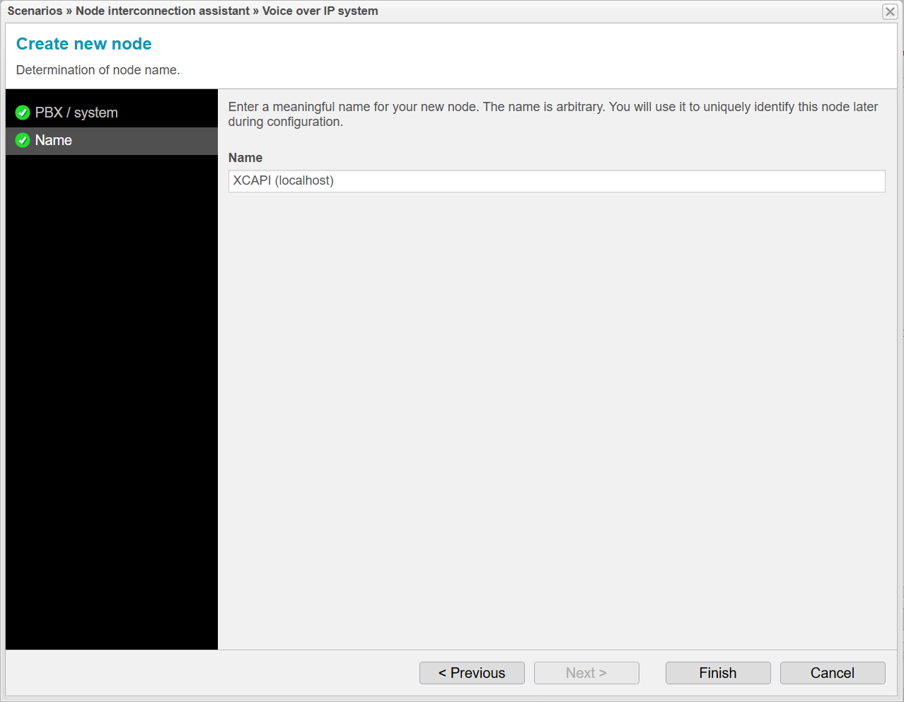 Screenshot: anynode node interconnection assistant with determination of the XCAPI node name