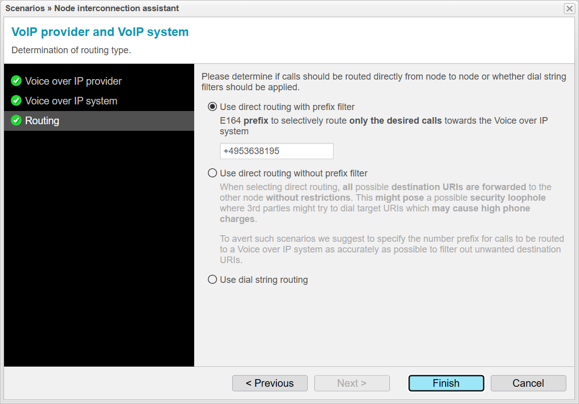 Screenshot: anynode node interconnection assistant with determination of routing type