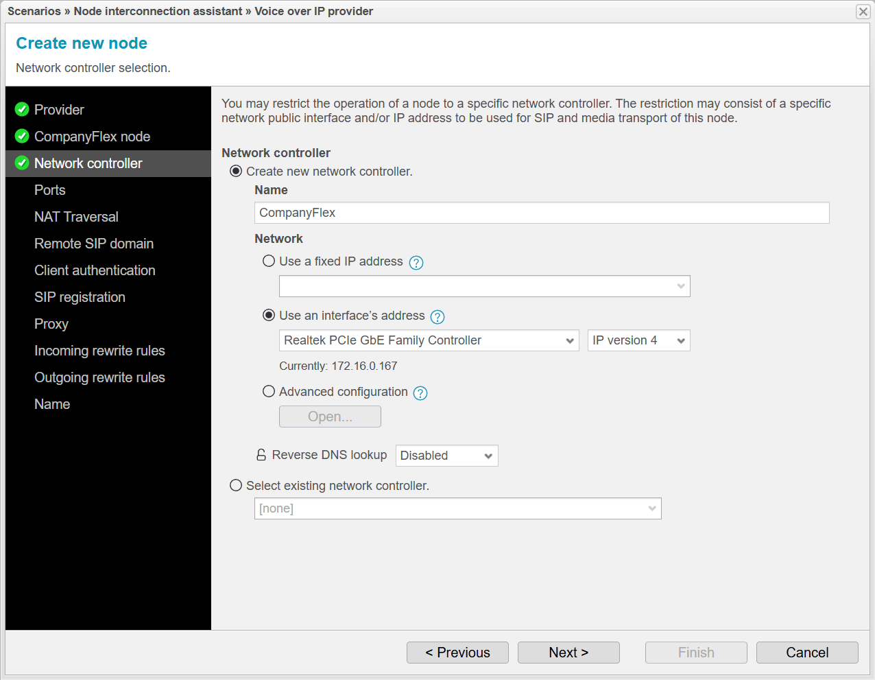 Screenshot: anynode node interconnection assistant with network controller selection for the voice over IP provider node.