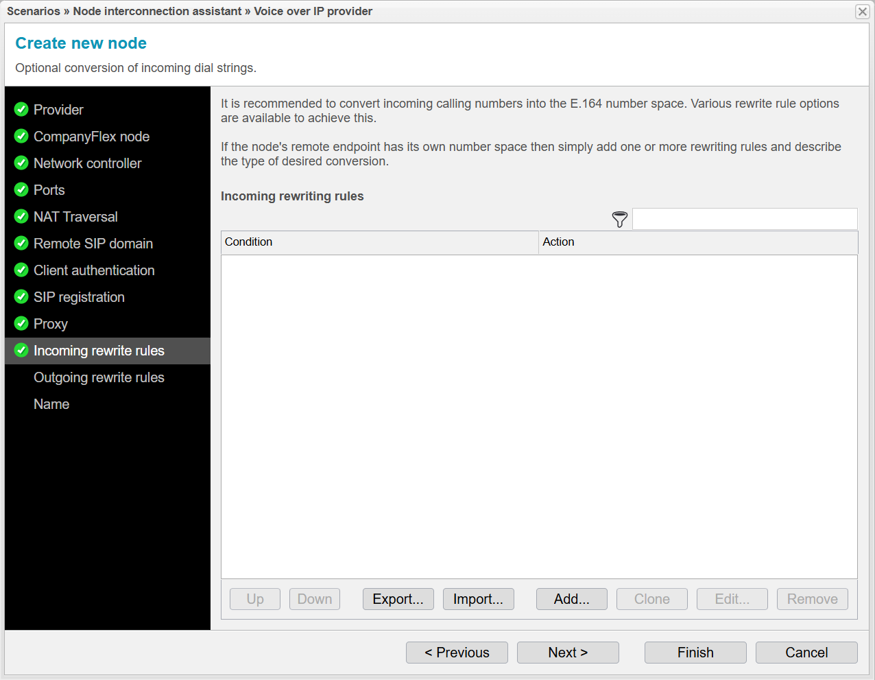 Screenshot: anynode node interconnection assistant with optional incoming dial string rewriting rules.
