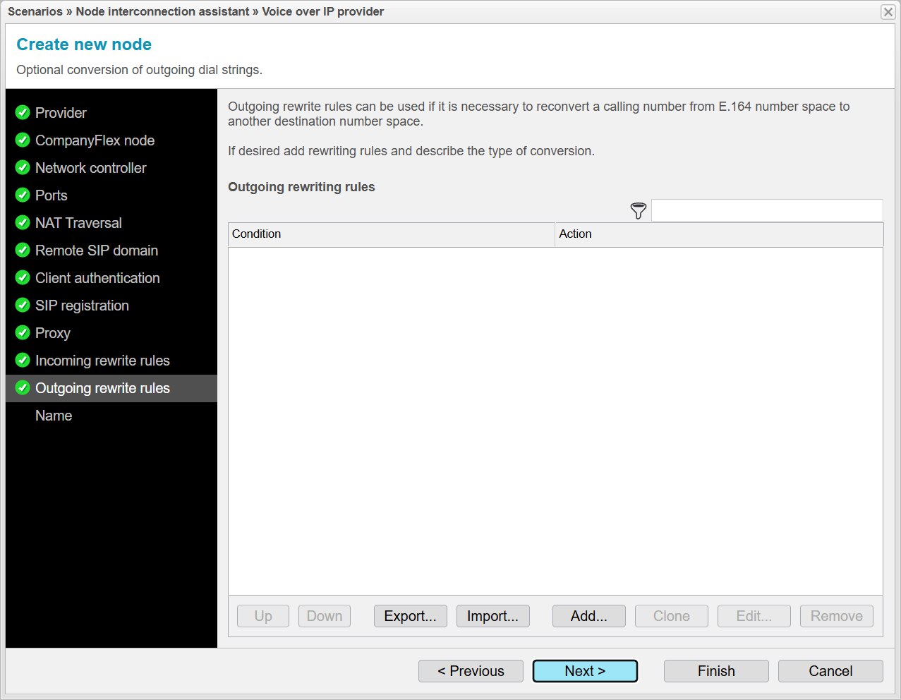 Screenshot: anynode node interconnection assistant with optional incoming dial string rewriting rules.
