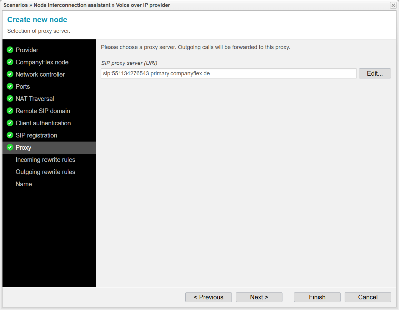 Screenshot: anynode node interconnection assistant with optional selection of a proxy server 