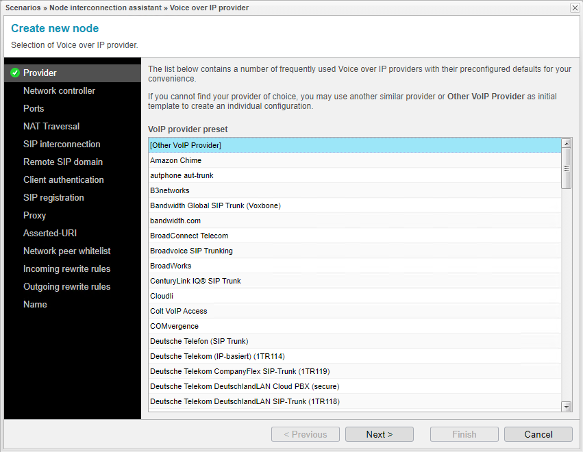 Screenshot: anynode node interconnection assistant with selection of the voice over IP provider
