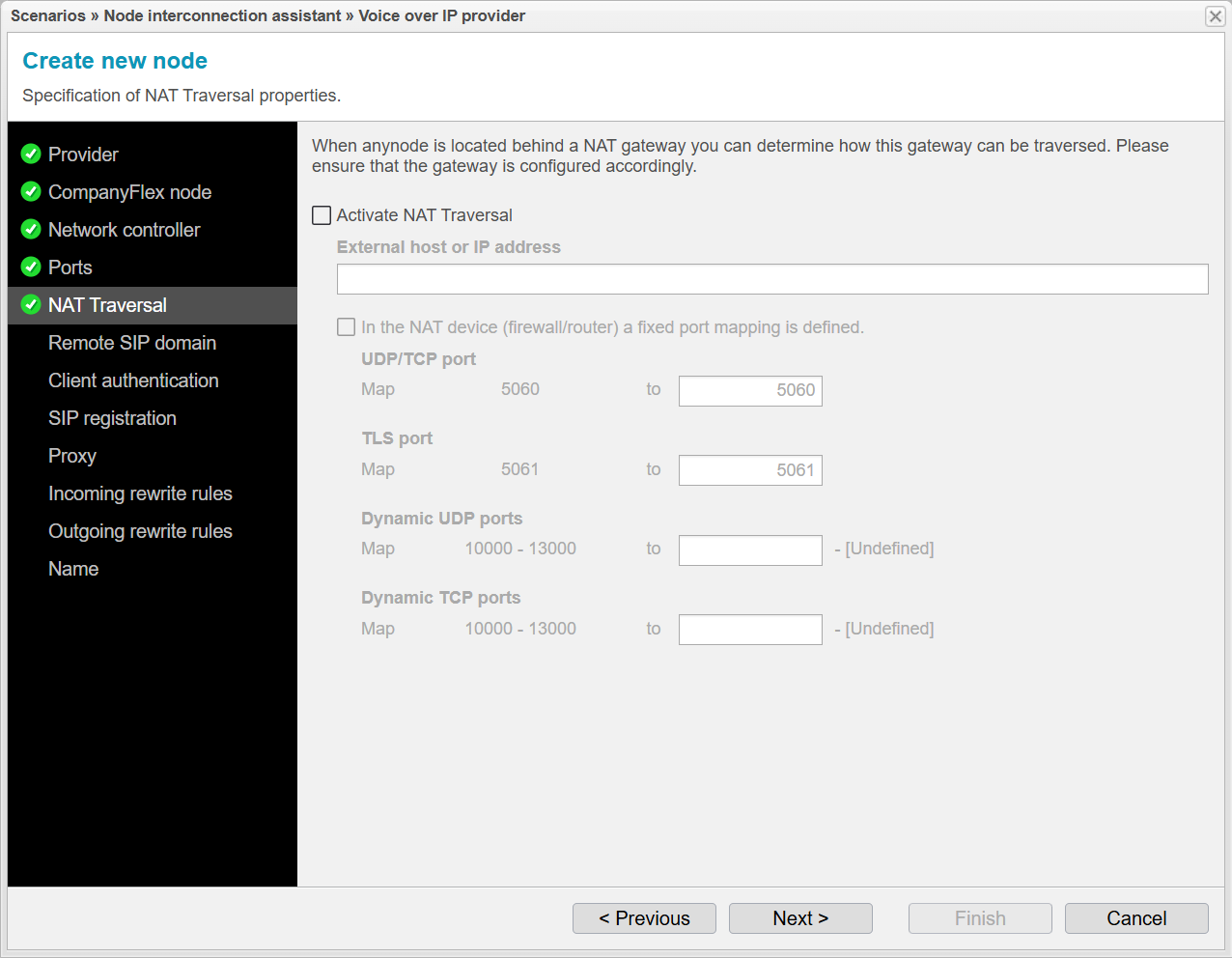 Screenshot: anynode node interconnection assistant with specification of NAT Traversal properties