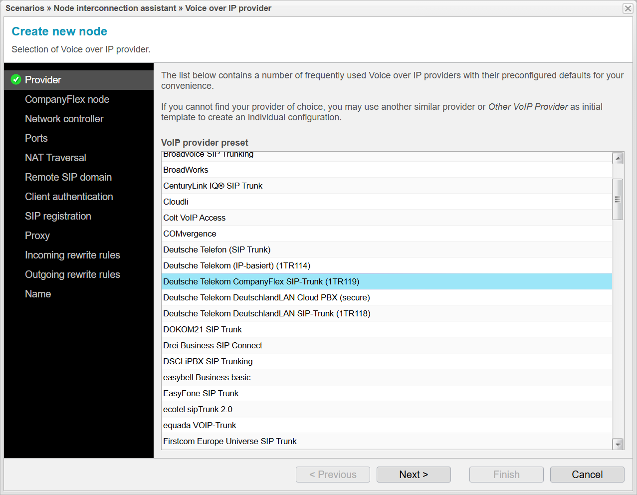 Screenshot: anynode node interconnection assistant with VoIP pvoider preset list. 
