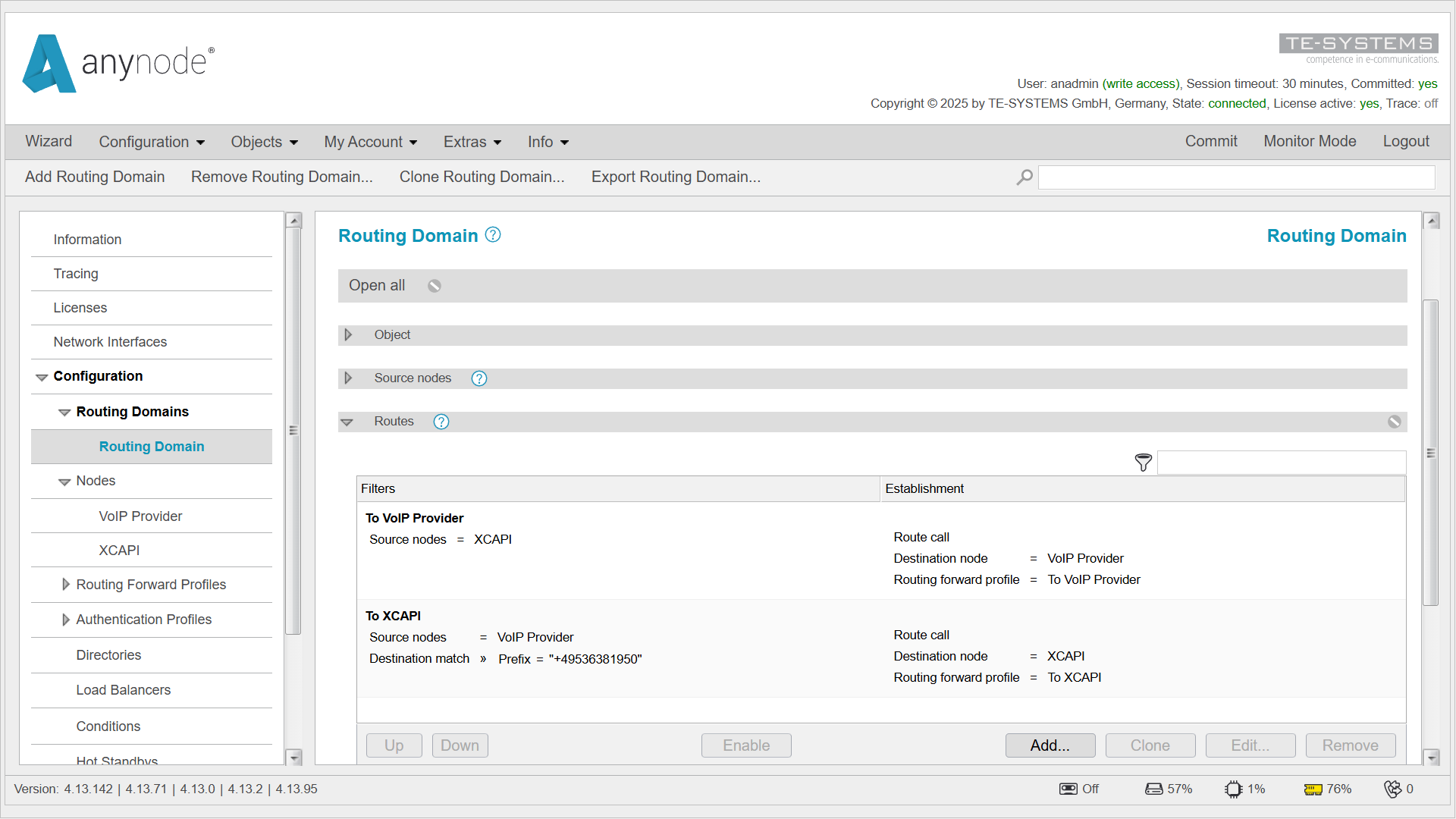 Screenshot: anynode routing domain with route table for XCAPI and a voice over IP provider.