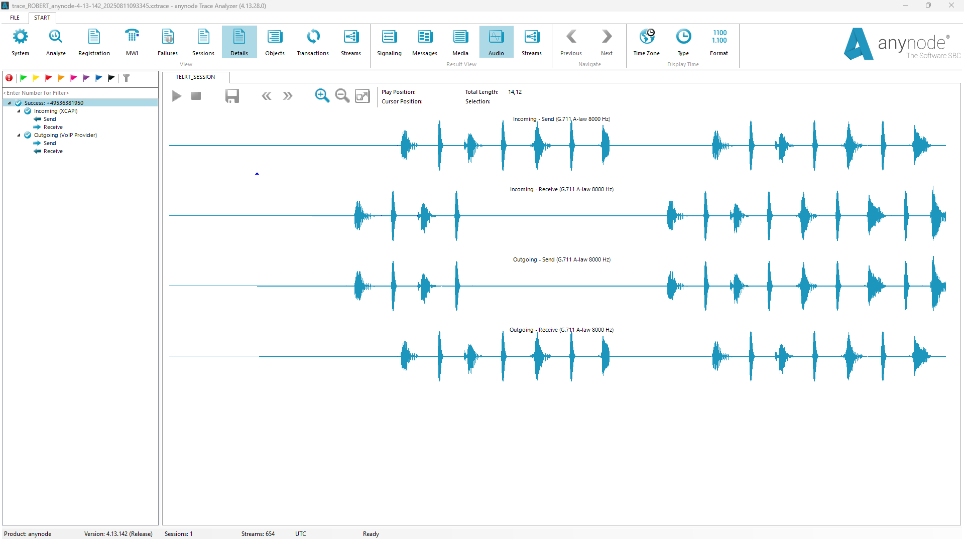 Screenshot: anynode Trace Analyzer with recorded audio and play function.
