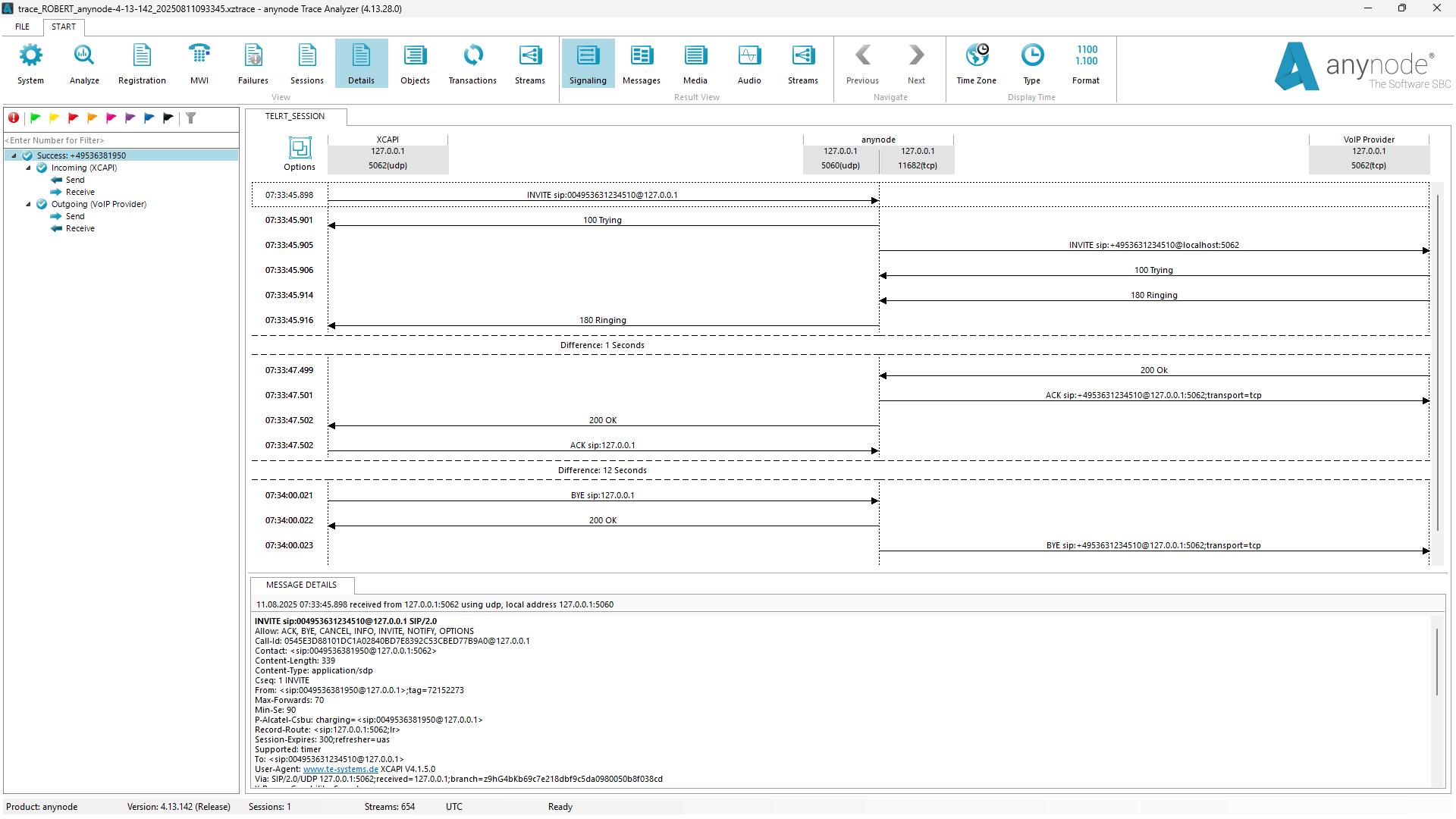 Screenshot: anynode Trace Analyzer with SIP signaling view and specific details about the SIP messages