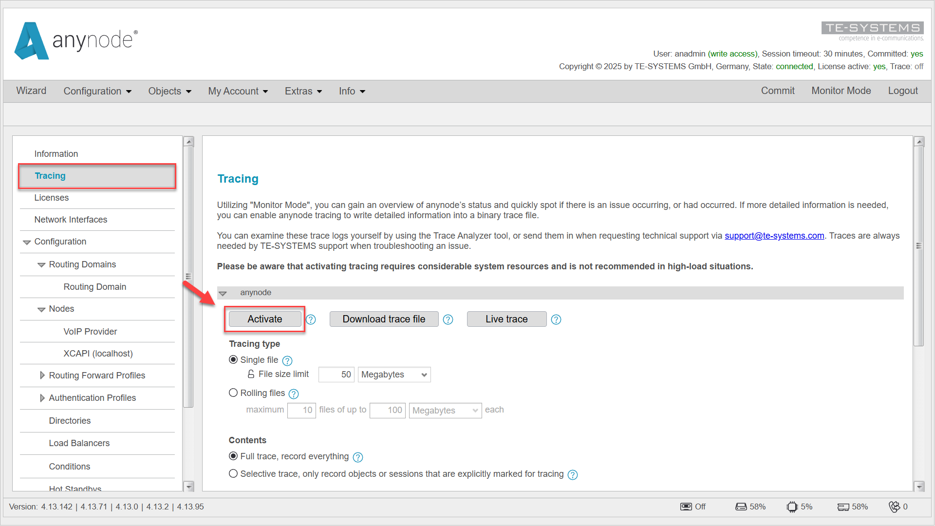 Screenshot: anynode tracing configuration menu with activate function.