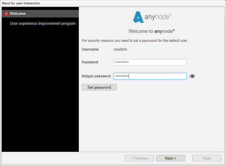 Screenshot: anynode welcome screen with initial password setup