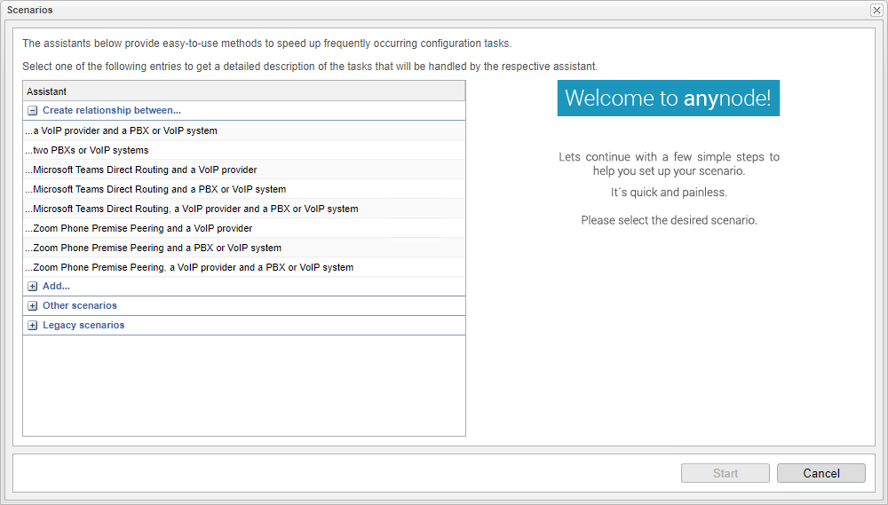 Screenshot: The anynode scenario wizard provides a guided setup for frequently used scenarios.