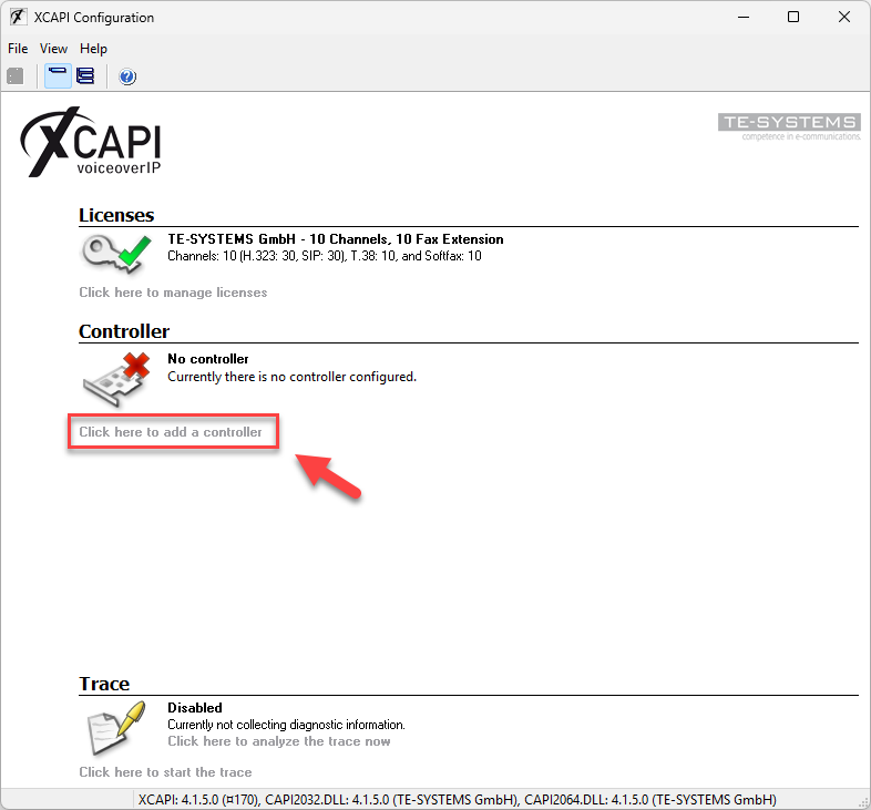 Screenshot: XCAPI configuration standard view with add a controller function. 