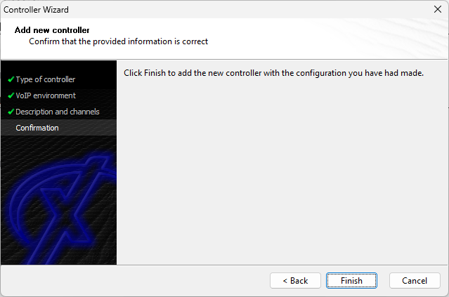 Screenshot: XCAPI controller wizard with confirmation of provided information. 