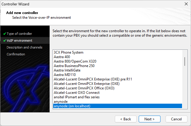 Screenshot: XCAPI controller wizard with list of compatible or generic environments and selected anynode on localhost.