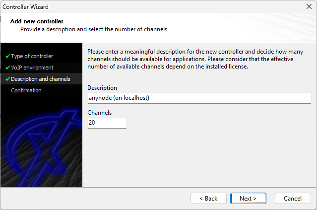 Screenshot: XCAPI controller wizard with list of compatible or generic environments and selected anynode on localhost.