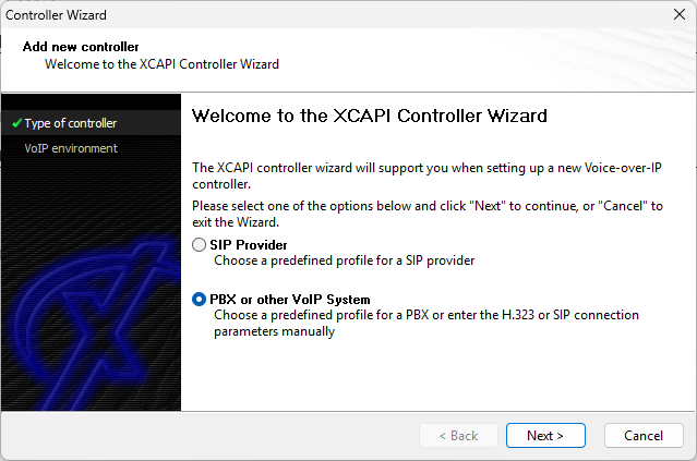 Screenshot: XCAPI controller wizard with selection of predefined PBX or other VoIP system.