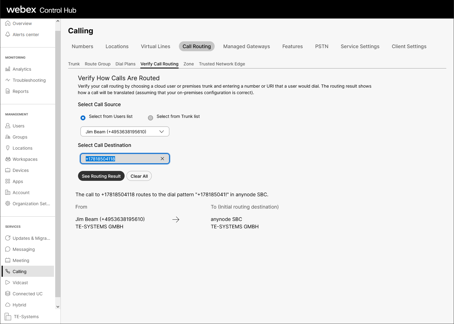 anynode-cisco-webex-calling-hub-verify-call-routing