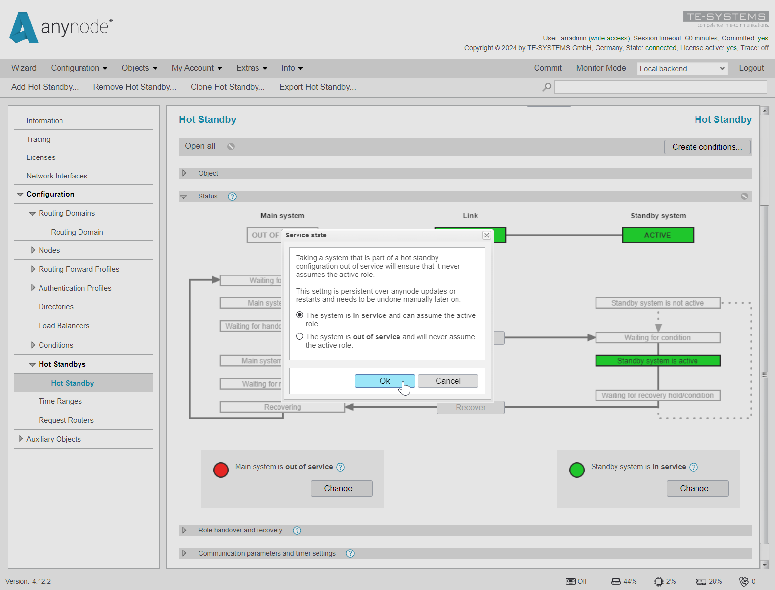 Screenshot: anynode frontend showing how to set hot standby main system back in service