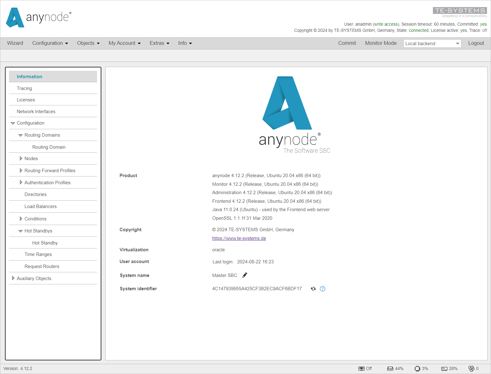 Screenshot: anynode frontend showing information on the local backend of the main system where the versions of all services are the same