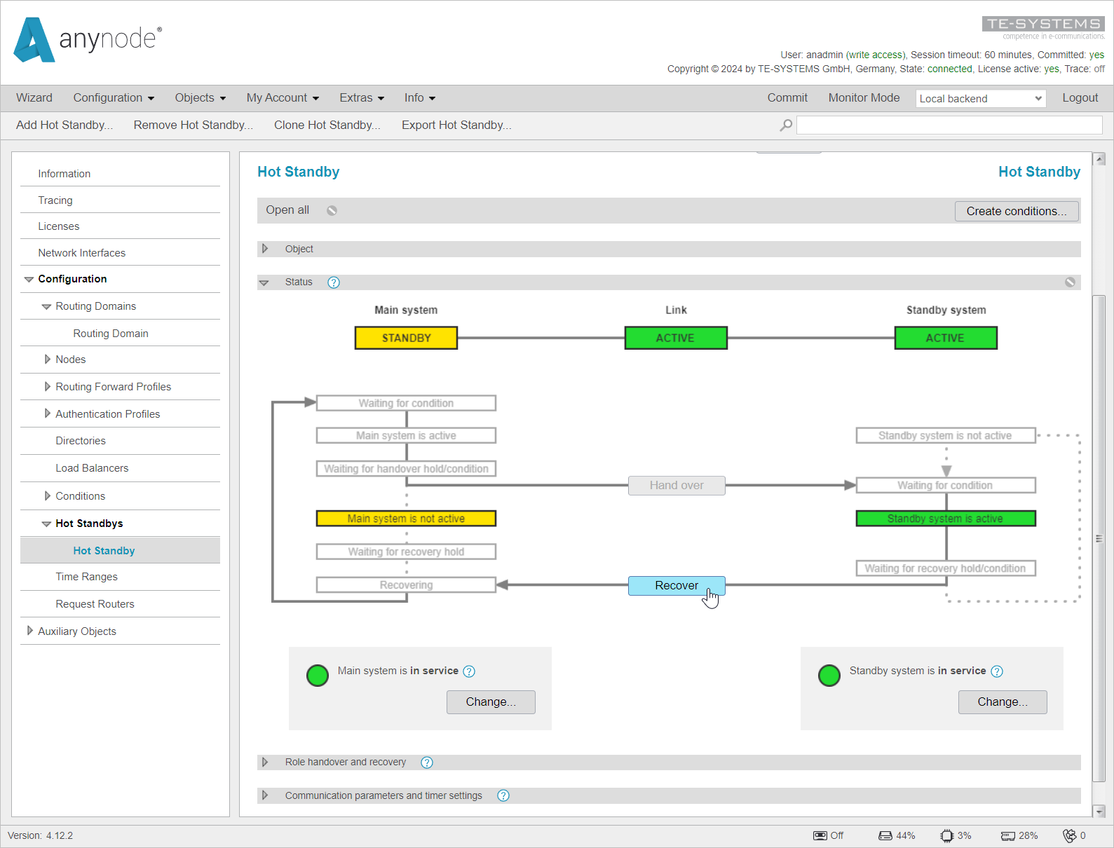 Screenshot: anynode frontend showing recover function in hot standby