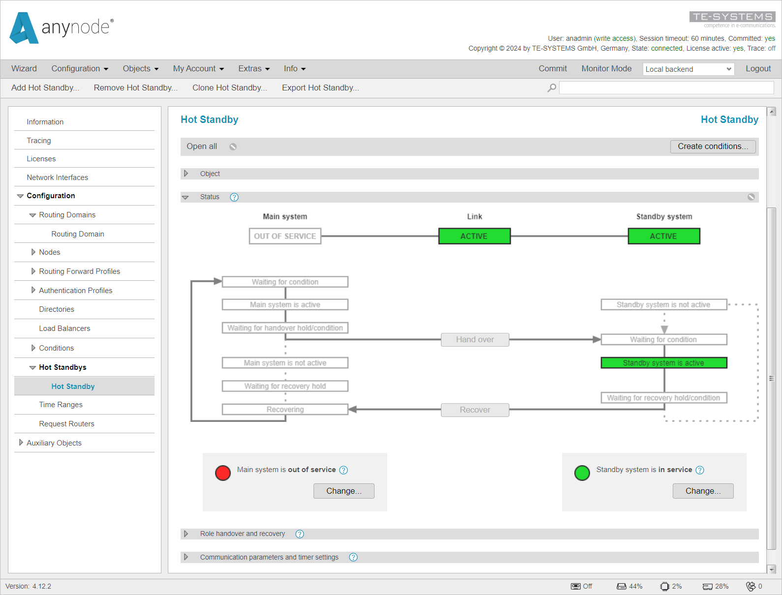 Screenshot: anynode frontend showing the main system out of service which is ready to be updated