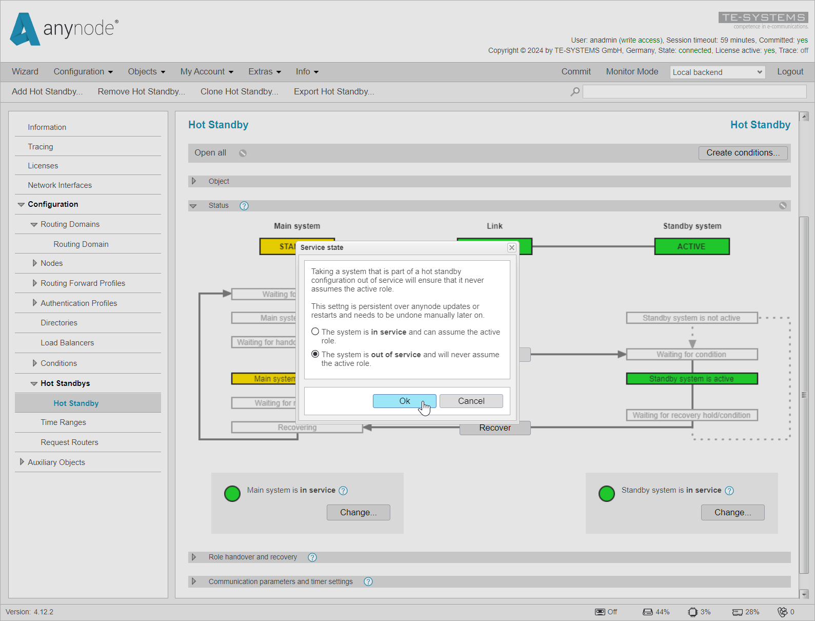 Screenshot: anynode frontend showing to set main system in hot standby out of service as an update preparation