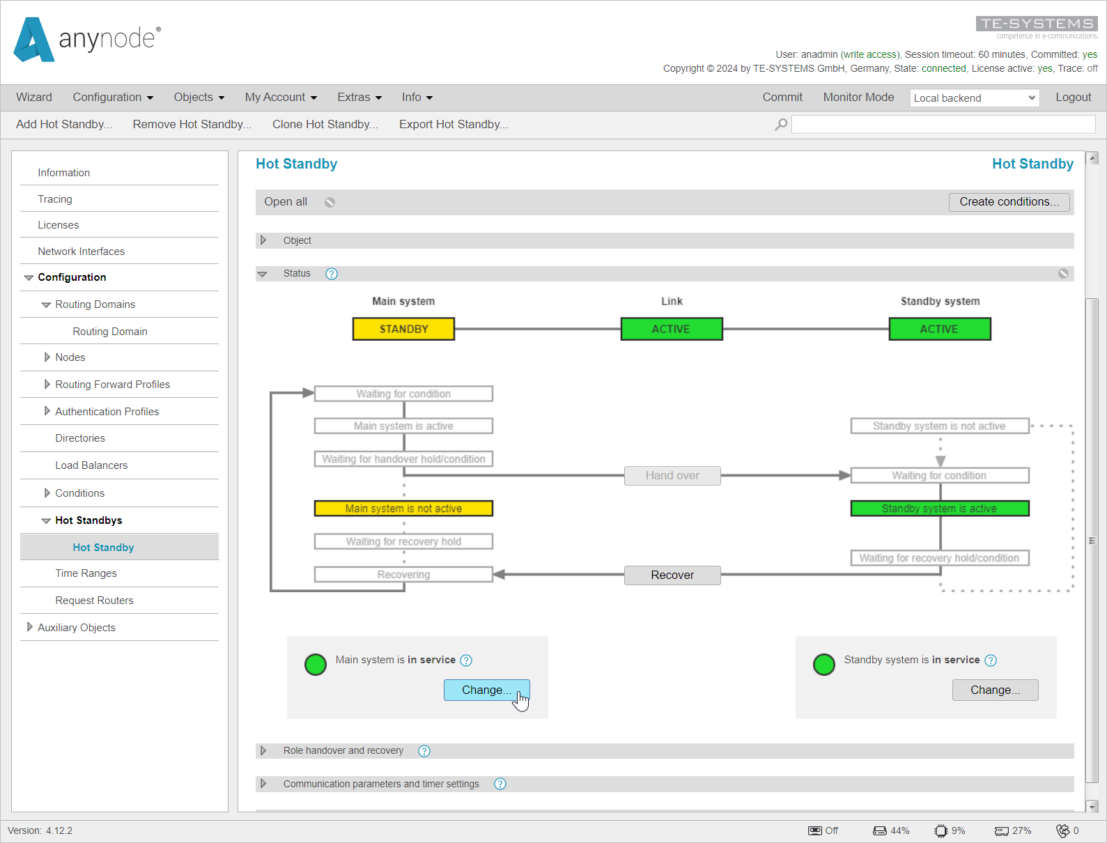 Screenshot: anynode frontend using the change button in hot standby for the main system to open a menu to set the main system out of service