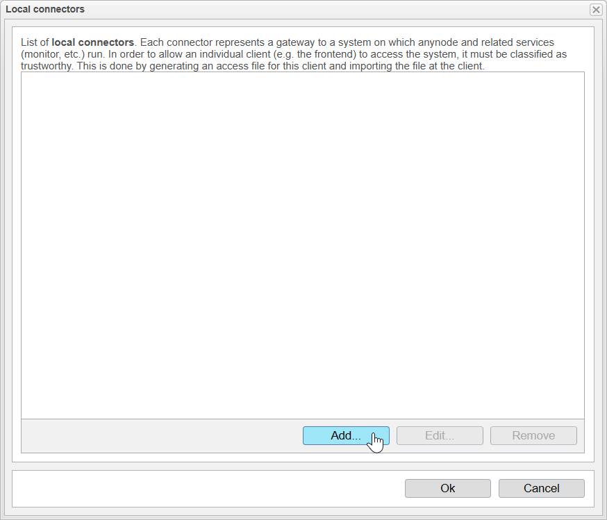 Screenshot: anynode local connectors, showing an empty list and mouse hovering over the add button