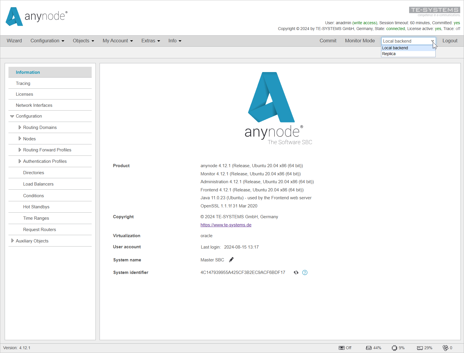 Screenshot: anynode – The Software SBC frontend main view with combo box that allows switching between the two anynode instances.