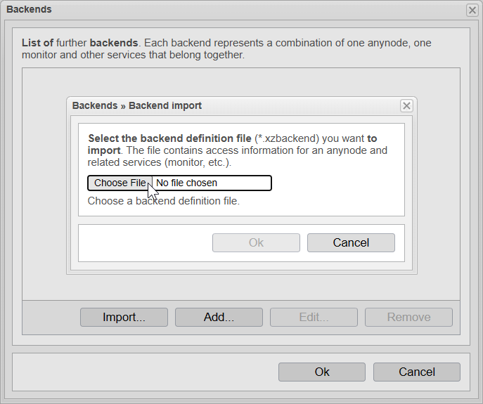 Screenshot: anynode – The Software SBC frontend with backend import function and selection of the backend definition file.