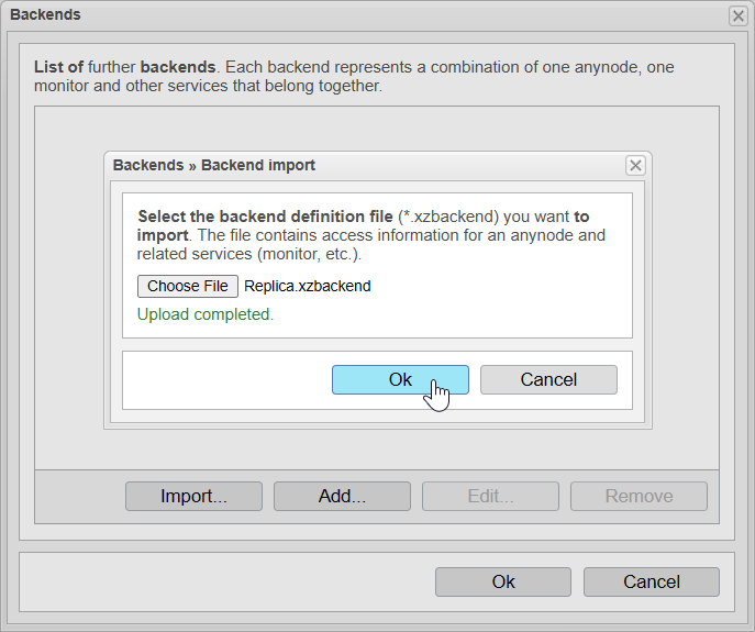 Screenshot: anynode – The Software SBC frontend with backend import function and complete upload of the backend definition file.