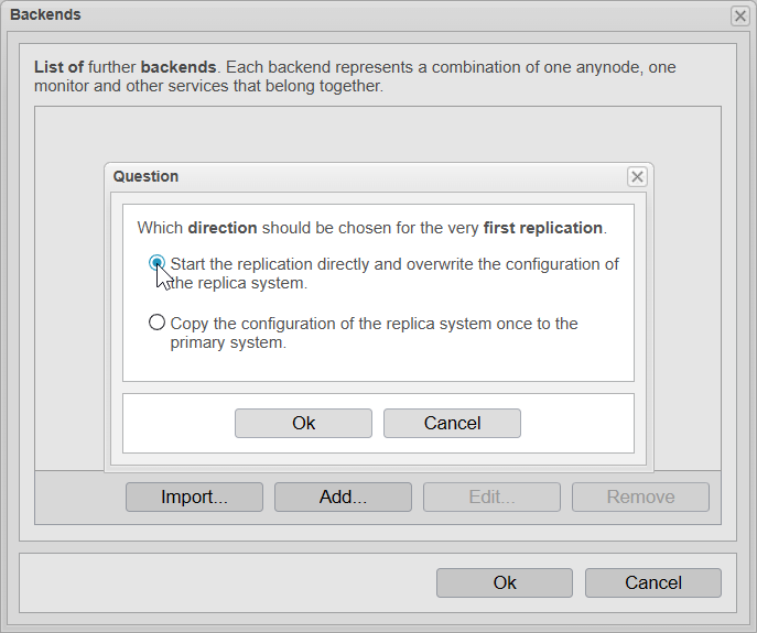 Screenshot: anynode – The Software SBC frontend with backend import function and question which direction should be chosen for the very first replication.