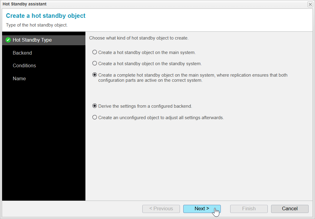 Screenshot: anynode – The Software SBC frontend with hot standby assistant and type of the hot standby object.