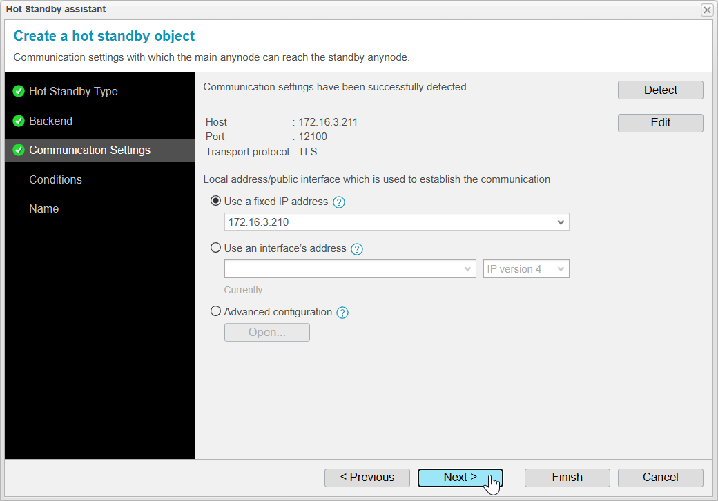 Screenshot: anynode – The Software SBC frontend with hot standby assistant and communication settings with which the main anynode can reach the standby anynode.