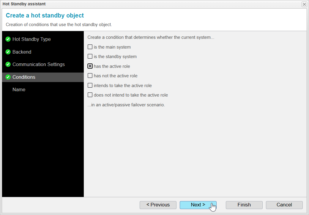 Screenshot: anynode – The Software SBC frontend with hot standby assistant and creation of conditions that use the hot standby object.