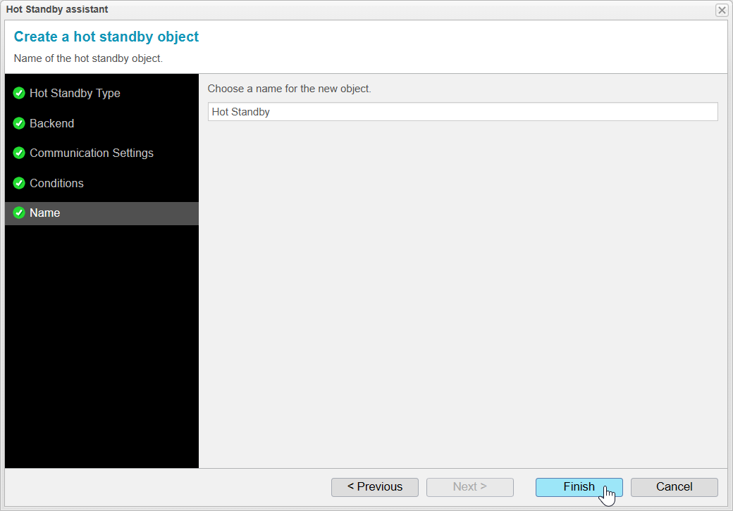 Screenshot: anynode – The Software SBC frontend with hot standby assistant and name of the hot standby object.