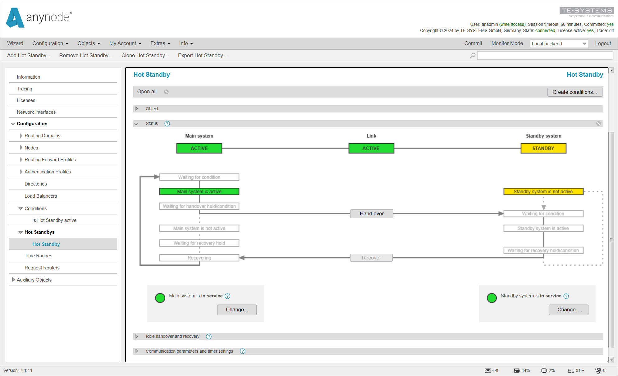 Screenshot: anynode – The Software SBC frontend with hot standby menu and graphical overview of the hot standby configuration on the local backend.