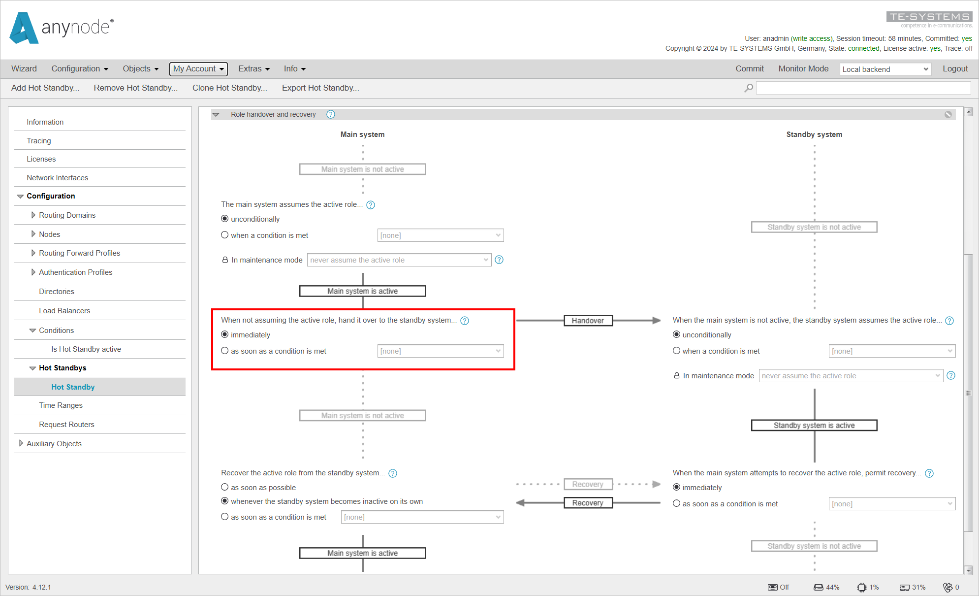 Screenshot:anynode – The Software SBC frontend with hot standby menu and graphical overview of the hot standby configuration with role handover and recovery settings on the local backend. 