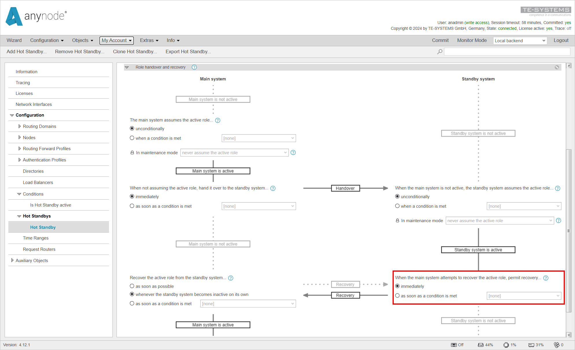 Screenshot:anynode – The Software SBC frontend with hot standby menu and graphical overview of the hot standby configuration with role handover and recovery settings on the local backend. 