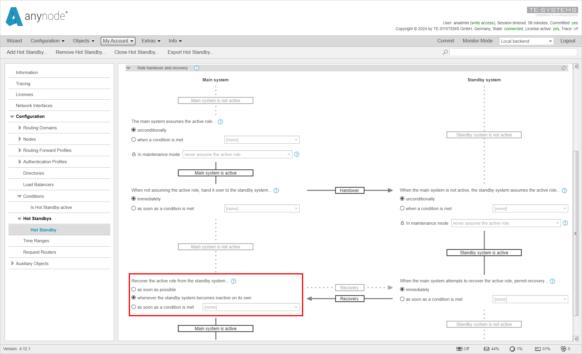 Screenshot:anynode – The Software SBC frontend with hot standby menu and graphical overview of the hot standby configuration with role handover and recovery settings on the local backend.