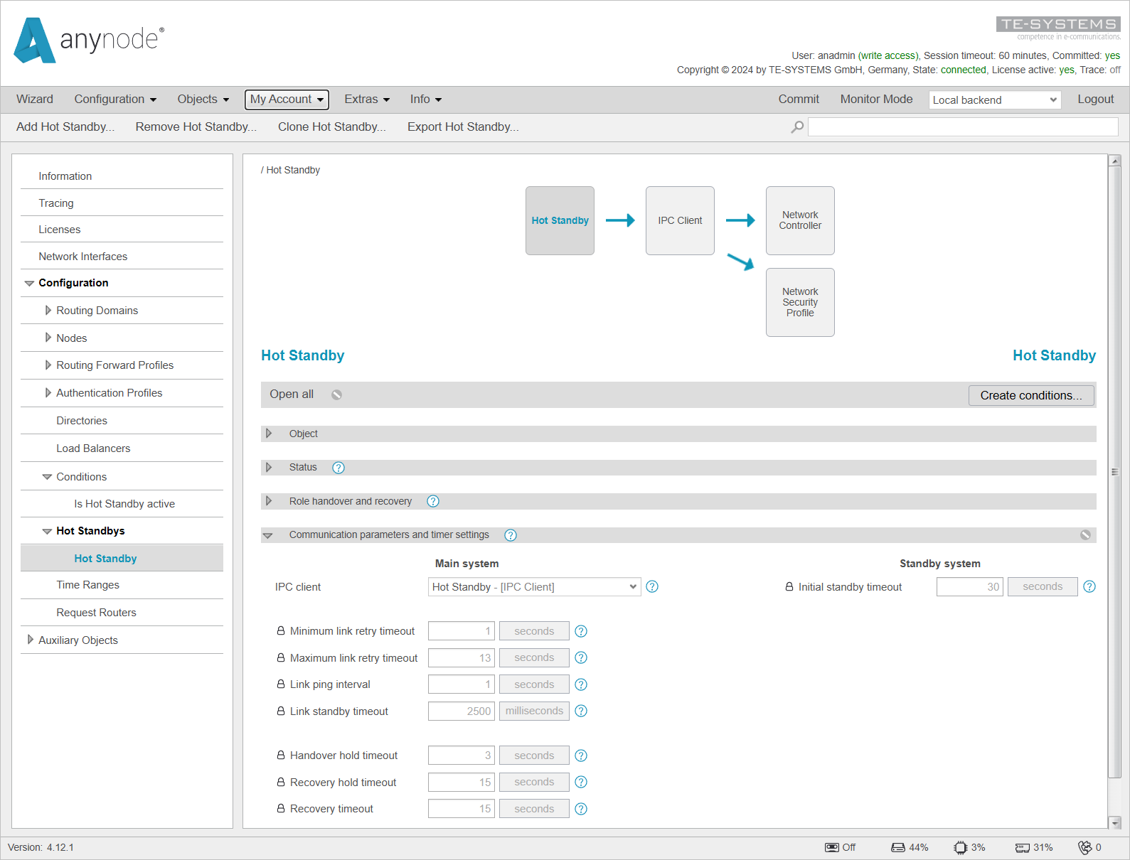 Screenshot: anynode – The Software SBC frontend with hot standby menu and communication parameters and timer settings on the local backend.