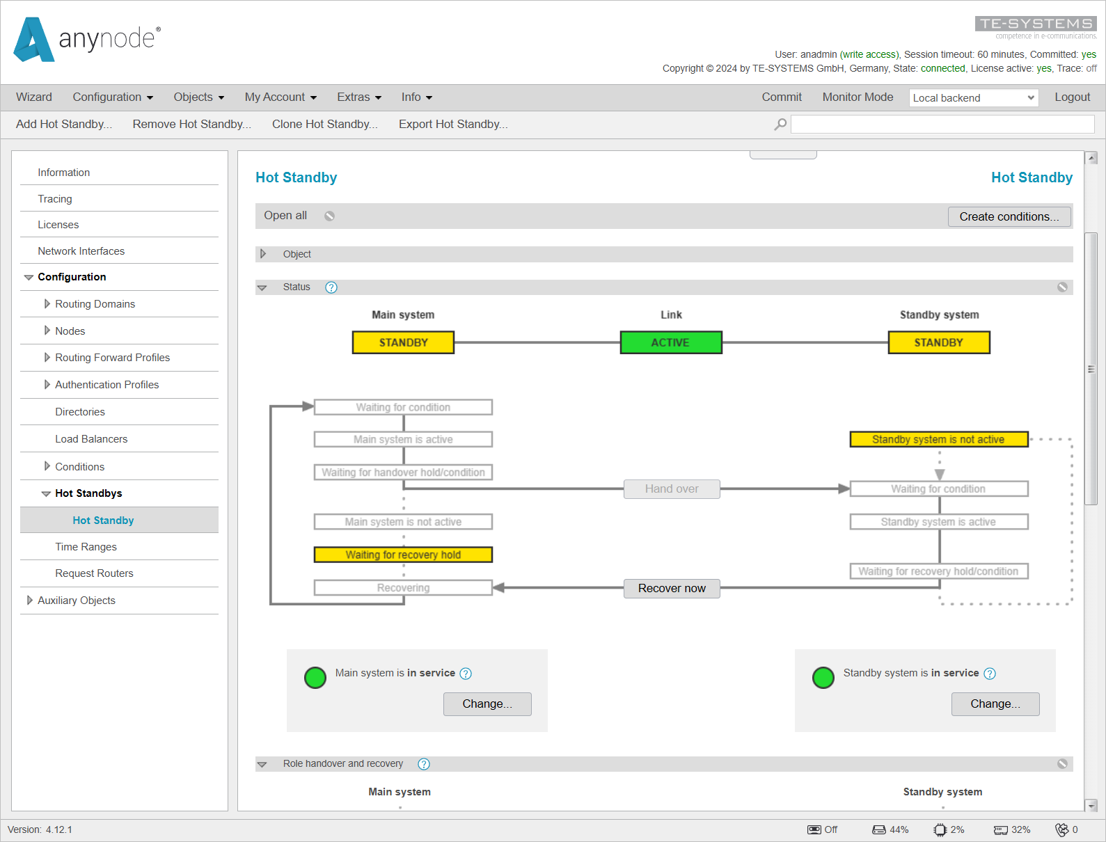 Screenshot: anynode – The Software SBC frontend with hot standby menu and graphical overview of the hot standby configuration and both systems in standby mode.